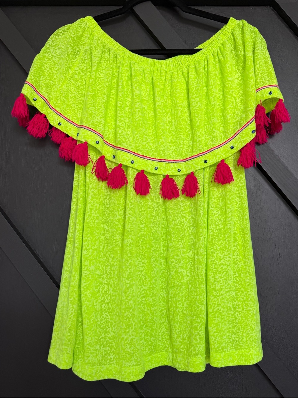 Pitusa Neon Lime Off-the-Shoulder Tassel Cover-Up, One Size Petite - Picture 4 of 7